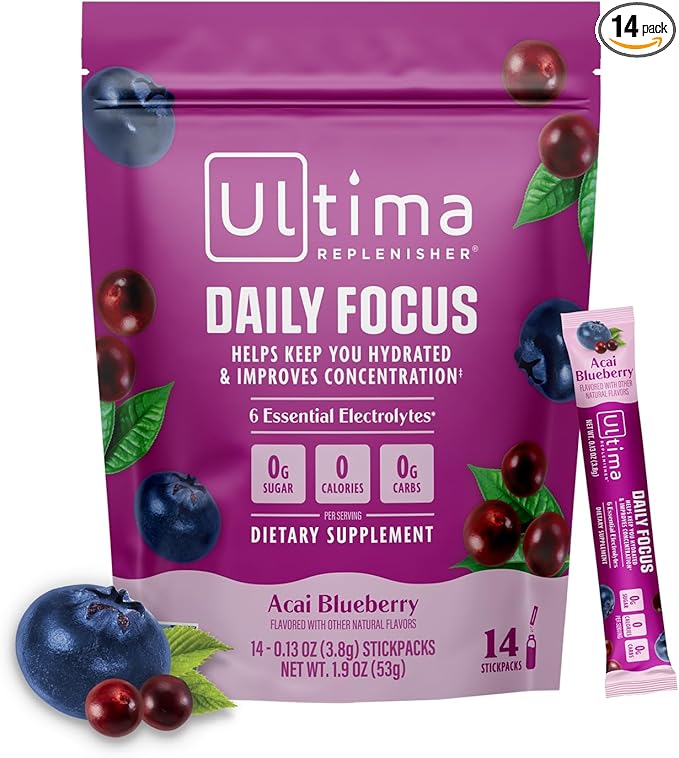 Ultima Replenisher Daily Focus Supplement &amp Electrolytes Powder - Acai Blueberry 14 Stickpacks - Hydration Packets 60mg Caffeine from Green Tea Extract &amp L-Theanine to Improve Focus &amp Co