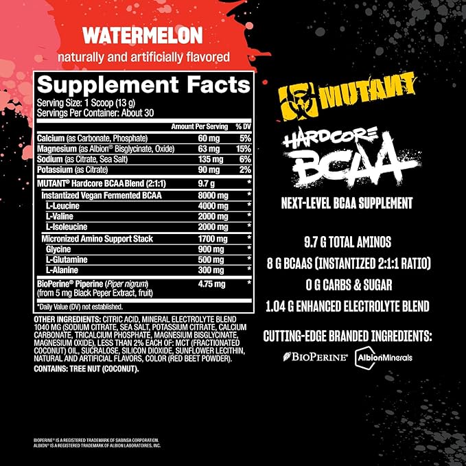 Mutant Hardcore BCAA - Pre Intra or Post Workout – BCAA Next Level branched-Chain Amino Acids Supplement – Hydration + Recovery - 30 Serving - Watermelon