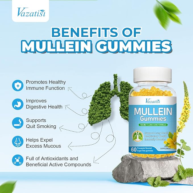 Mullein Gummies Mullein Leaf Extract for Lungs Gummies with Bromelain Quercetin Magnesium - Lung Detox &amp Cleanse Pineapple Flavor 120Cts