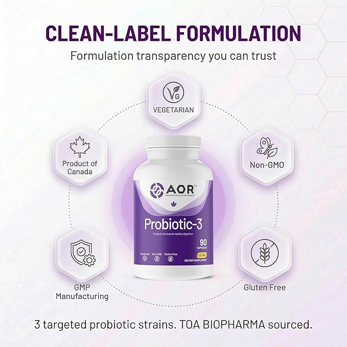 AOR Probiotic 3 90 Capsules – 30-45-Day Supply for Daily Digestive Balance &amp Gut Health Shelf-Stable Gluten-Free Non-GMO