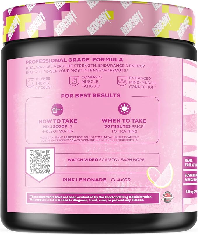REDCON1 Total War Pre Workout - Beta Alanine + Citrulline Malate Keto Friendly Preworkout for Men &amp Women with 320mg of Caffeine - Fast Acting - Pink Lemonade (30 Servings)