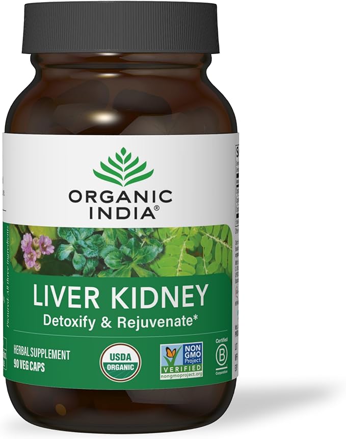 ORGANIC INDIA Liver Kidney Herbal Supplement - Detoxify &amp Rejuvenate Supports Healthy Liver &amp Kidney Function Vegan Gluten-Free Kosher USDA Certified Organic Non-GMO - 90 Capsules