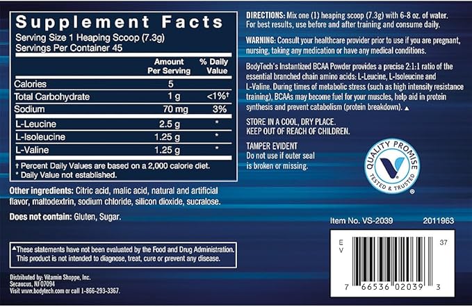 BodyTech BCAA Powder - Optimal 2:1:1 Ratio - Supports Muscle Recovery Strength &amp Endurance - Fruit Punch (11.5 oz)
