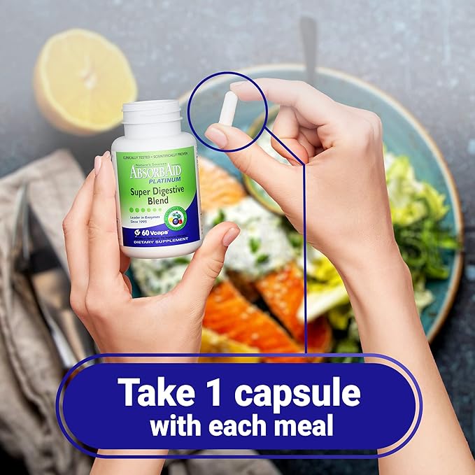 AbsorbAid Platinum Digestive Enzyme Support 60 vCaps 12 Digestive Enzymes Plus 2 Probiotics for Maximum Relief