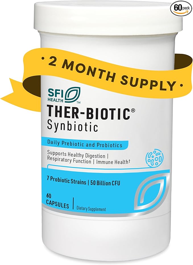 Klaire Labs SFI Health Ther-Biotic Synbiotic - Prebiotics and Probiotics for Women &amp Men - 50 Billion CFU Probiotic Capsules with Sunfiber - Digestive Health and Immune Support (60 ct)
