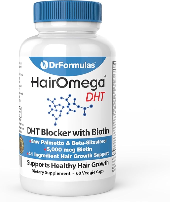 DrFormulas HairOmega DHT Blocker Biotin 5000 mcg Vitamins for Hair Growth Supplement | Hair Loss Pills for Women and Men 30 Day Supply