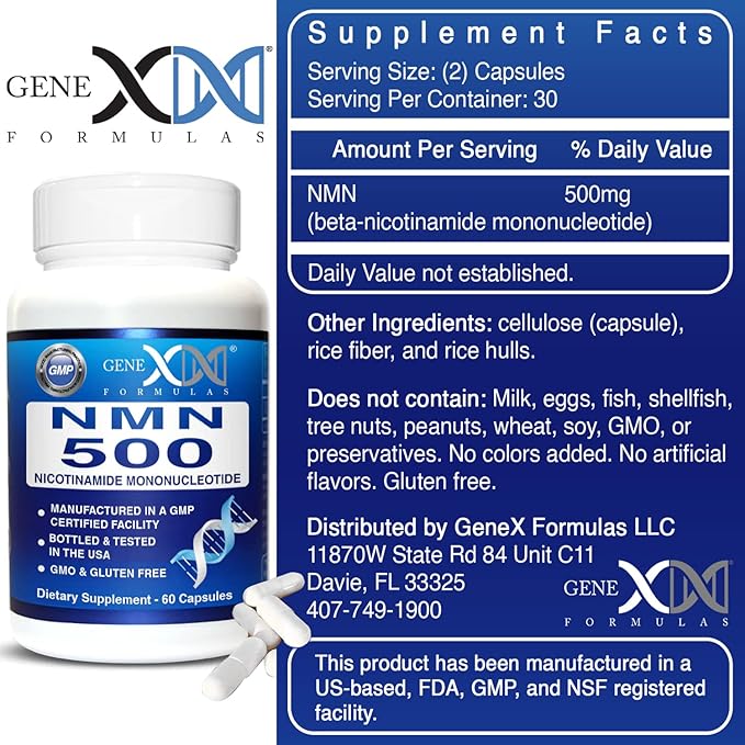 Genex Formulas NMN 500mg - 99% Pure Shelf Stabilized Supplement Capsules for Increased NAD Levels &amp Healthy Aging GMP Certified 500mg per Serving 60 Capsules