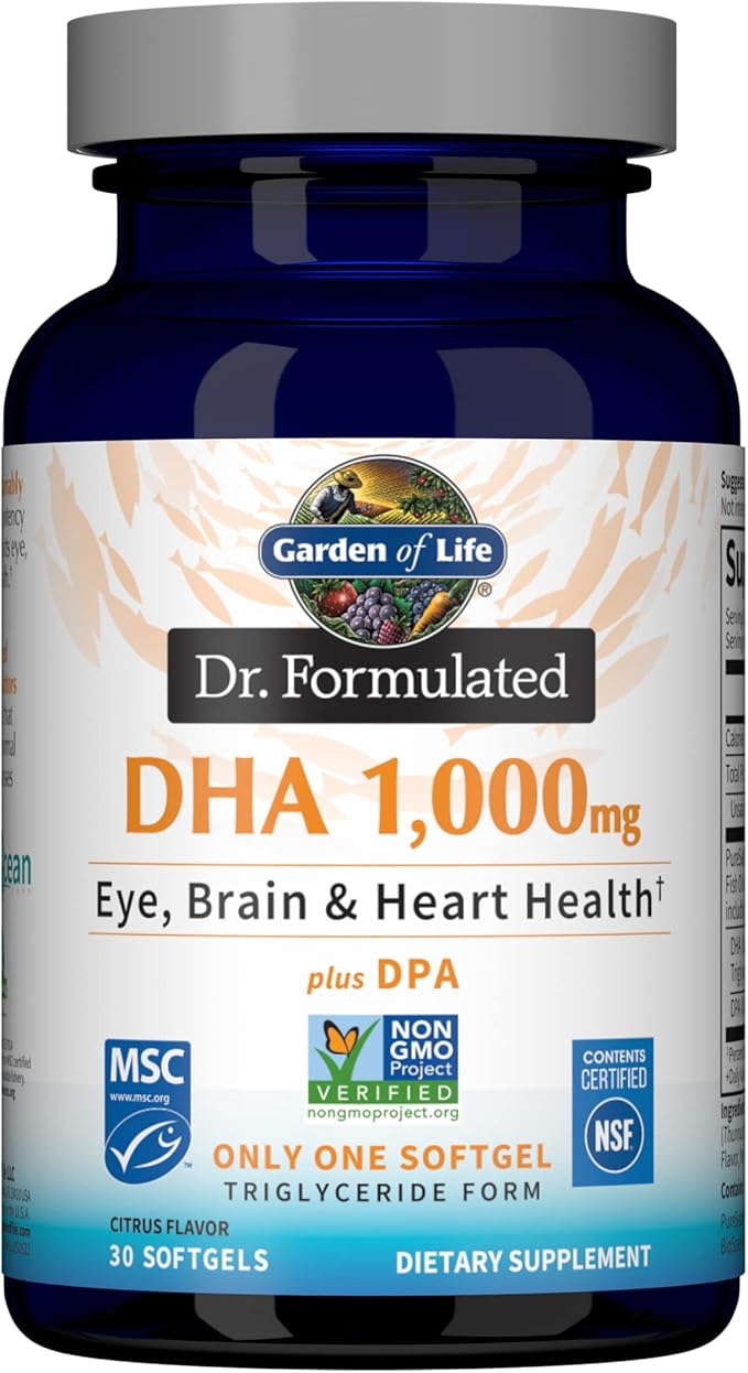 Garden of Life 1000mg DHA Fish Oil + 30mg Zinc Supplements for Eye Brain Heart Immune &amp Skin Health 30 Count