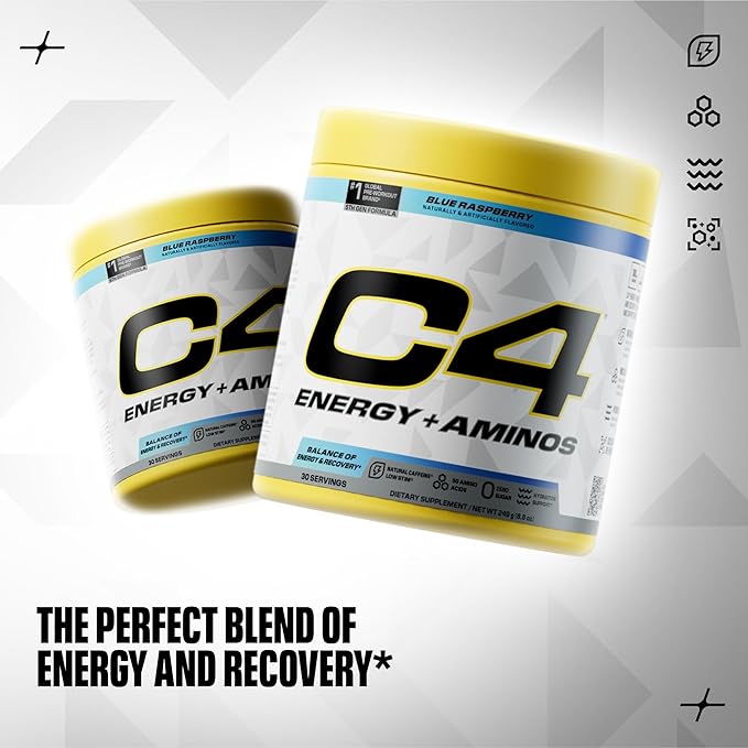 C4 Energy + Aminos Powder 5g BCAAs &amp EAAs for Muscle Recovery 3 Electrolytes for Hydration 100mg Natural Caffeine Pre Workout Zero Sugar 30 Servings Blue Raspberry