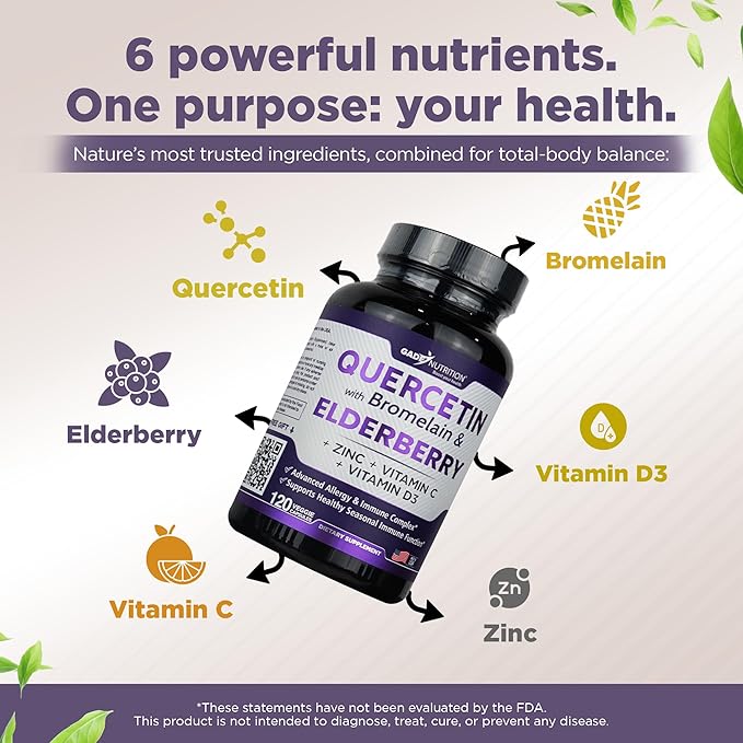 Gade Nutrition Quercetin with Bromelain &amp Elderberry | Quercetin with Vitamin C and Zinc | Zinc Quercetin 500mg with Vitamin D3 | Daily Immune Support Supplement - 6 Months Supply
