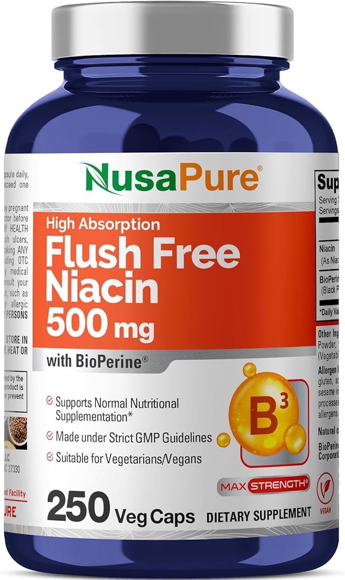 NusaPure Flush Free Niacin - Suitable for Vegetarian/Vegan Non - GMO - 500 mg - 250 Capsules