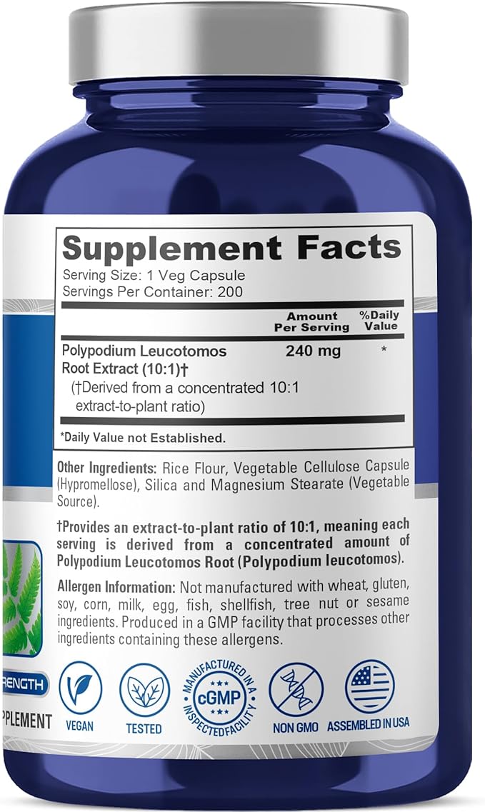 NusaPure Polypodium Leucotomos Capsules 240 mg 200 Veg Capsules (Non-GMO Vegan)