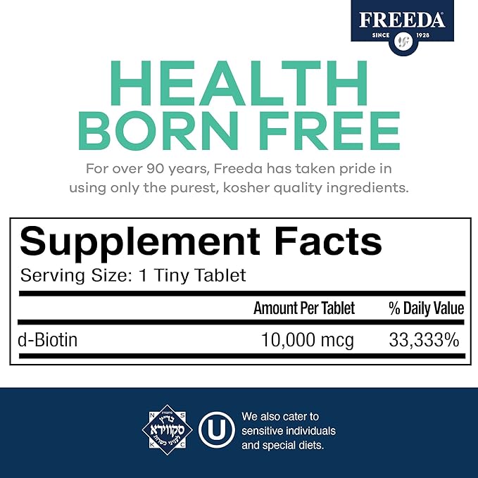 FREEDA Biotin 10000 mcg – Hair Skin &amp Nails Supplement – High-Potency B7 for Hair Growth &amp Strong Nails – Vegan Kosher Tablets with D-Biotin – 100 Tiny Tablet