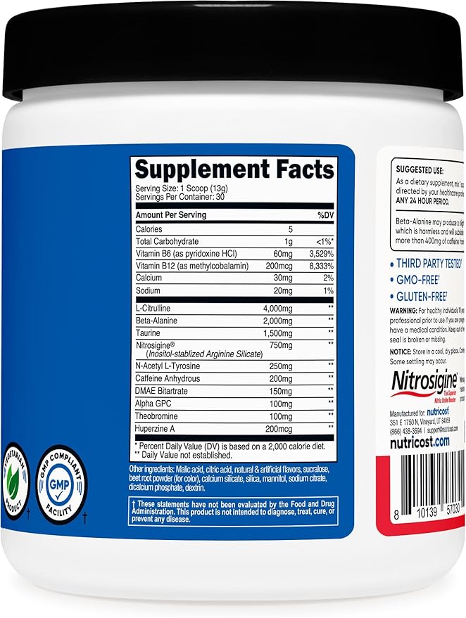 Nutricost Pre-Workout Complex Powder (30 Servings Fruit Punch) - with Beta-Alanine Taurine &amp Amino Acids