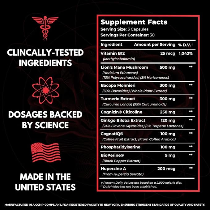 All-Natural Brain Supplement for Memory and Focus - Caffeine-Free Long-Term Cognitive Support - 10 Nootropic Ingredients Including Lion’s Mane Bacopa Turmeric Ginkgo &amp Huperzine A - 90 Capsules