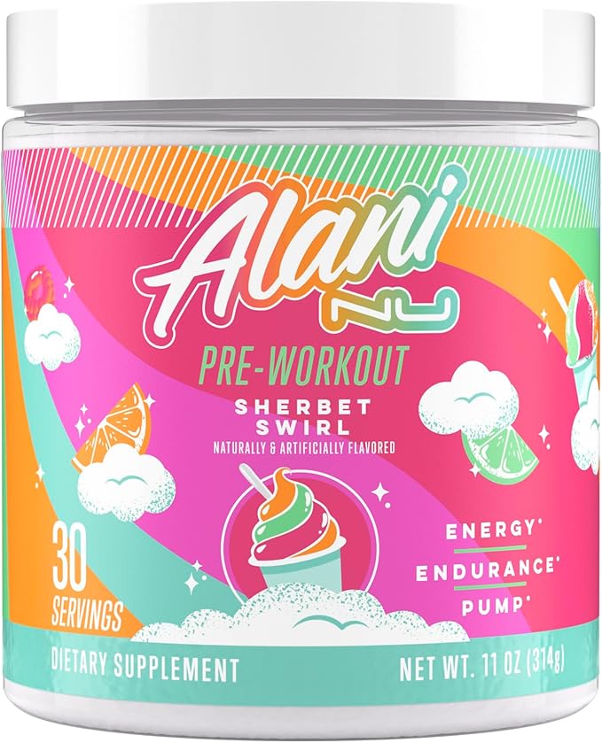 Alani Nu Pre Workout Powder Sherbet Swirl Amino Energy Boost Endurance Supplement Sugar Free 200mg Caffeine L-Theanine Beta-Alanine L-Citrulline 30 Servings