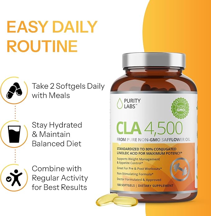 Purity Labs CLA Supplements 4500MG - Non-GMO Safflower Oil - Supports Energy Weight Loss Heart Health and Muscle Health - 180 Soft gels