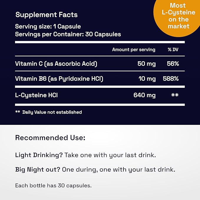 Proactive Hangover Support that Actually Works | Effective Affordable &amp Backed by Science | 30 Capsules | 30 Doses | L-Cysteine Vitamin B6 Vitamin C