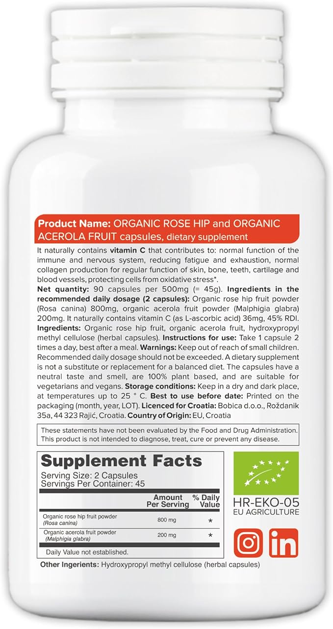 b Natural RoseHips &amp Acerola Capsules - Plant Based Vitamin C 1000mg from Acerola Cherry Powder &amp Rosehip Powder - Without Ascorbic Acid - Supports Immune Health - GMO Free - 90 Vegan Capsules