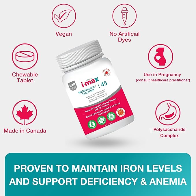 Pharmaris i-max Maintenance Iron Supplement 45mg Elemental Iron-Polyschaccaride Complex + Vitamin C &amp B12 Iron Supplement for Women &amp Men No Artificial Dyes Orange Flavor 100 Chewable Tab