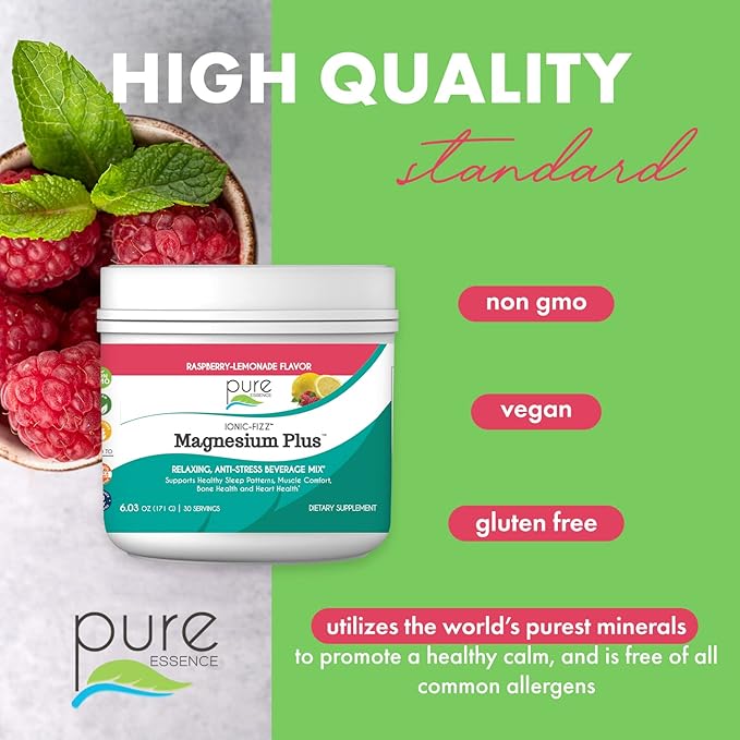 Pure Essence Labs Ionic Fizz Magnesium Plus Anti-Stress Supplement Drink Powder Gluten Free and Non-GMO Magnesium Powder (Raspberry Lemonade 6.03 Ounce (Pack of 1))