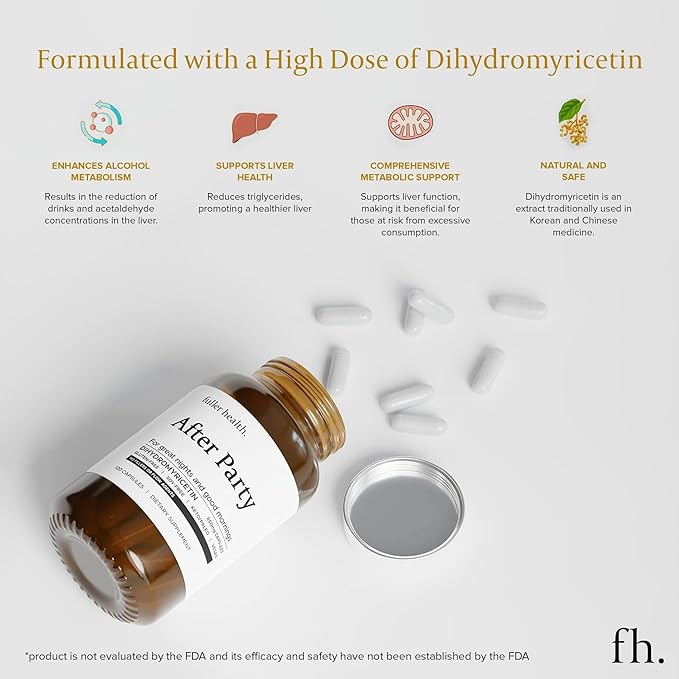 Fuller Health After Party DHM Dihydromyricetin Supplement | Supports Liver Metabolism Energy Levels Post-Celebration Relief | Feel Refreshed 650mg Per Pill | 1 Bottle 24 Servings