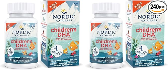 Nordic Naturals Children’s DHA Strawberry - 120 Mini Chewable Soft Gels for Kids - 250 mg Omega-3 with EPA &amp DHA - Brain Development &amp Function - Non-GMO - 30 Servings (Pack of 2)