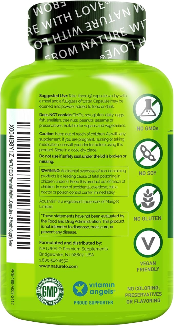 NATURELO Prenatal Multivitamin with Gentle Chelated Iron Methyl Folate Plant Calcium &amp Choline - Vegan Vegetarian - Non-GMO - Gluten Free - 180 Capsules - 2 Month Supply