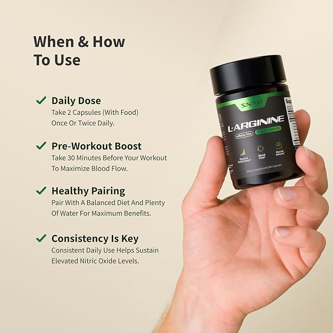 Snap Supplements L-Arginine Capsules with L-Citrulline and 3 Forms of L-Arginine to Support Healthy Circulation Nitric Oxide &amp Exercise Performance 60 Vegan Capsules (30-Day Supply)