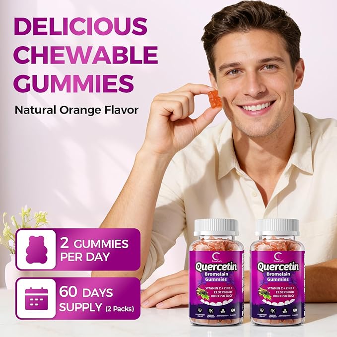 Quercetin Gummies Quercetin with Bromelain Vitamin C Zinc &amp Elderberry High Potency Immune Support Respiratory Health &amp Antioxidant Supplement for Adult &amp Kid Vegan 60 Gummies (2 Pa