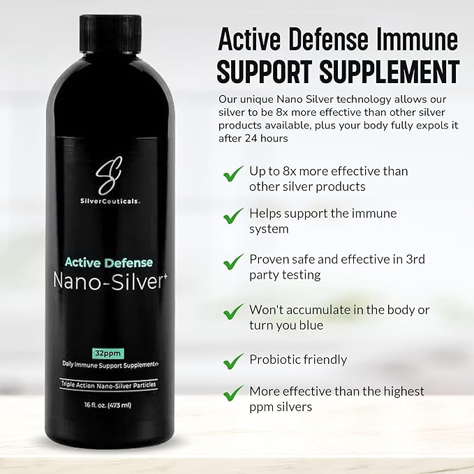 Colloidal Silver w/Nano Technology - 32ppm 16oz - 8X More Effective - Natural Immune Support - Save the Sick Days - Ages 5 &amp Up - Outperforms Higher PPM Silvers - No Taste &amp Smell - 3rd Party
