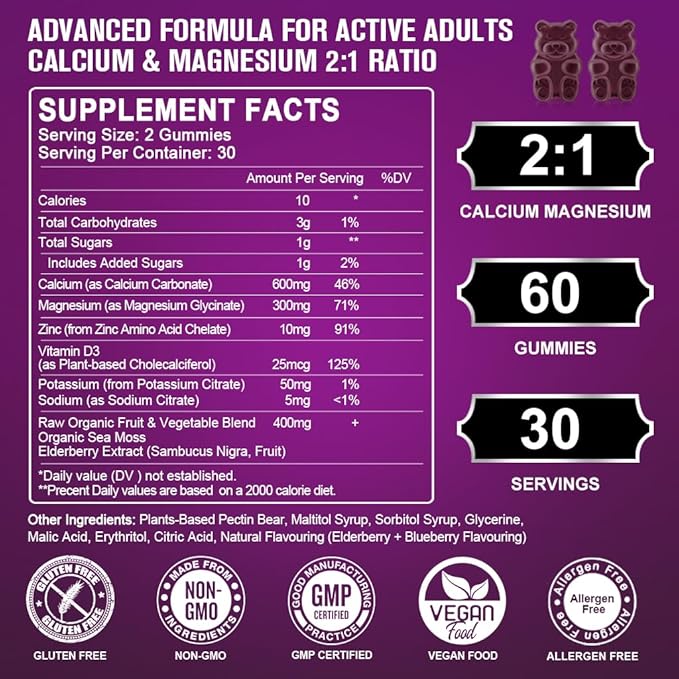 Calcium Magnesium Zinc Gummies with High Absorption Magnesium Glycinate 300mg Potassium - Plant Complex Calcium Magnesium 2:1 Ratio with D3 Sea Moss for Bone Immune &amp Sleep Support Vegan-1 Pac