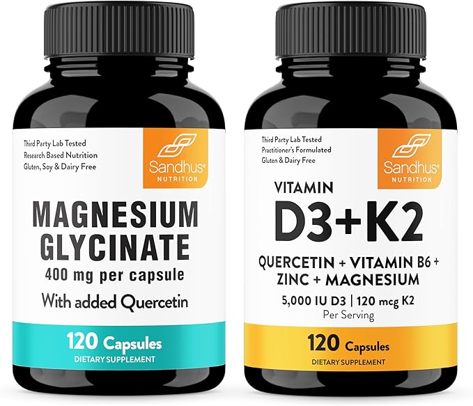 Sandhu's Magnesium Glycinate &amp Vitamin D3 K2 with Quercetin Capsules (120 Count Each) | Supports Quality Sleep Relaxation Immune Muscle Teeth Health &amp Energy