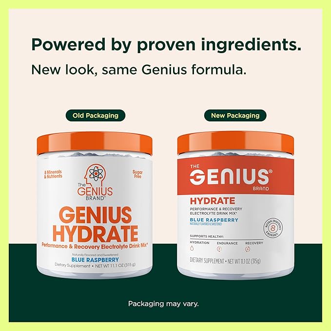 The Genius Brand Genius Hydrate - Electrolyte Supplement for Daily Hydration - Coconut Water - Sugar-Free - 8 Essential Minerals &amp Nutrients - Non-GMO - Blue Raspberry - 50 Servings