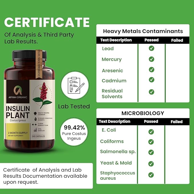 Premium Quality Costus Igneus (Insulin Plant) Capsules - Easy to Swallow 240 Veggie Capsules (2 Month Supply) - Made in the USA - Including Complete Health Support Program