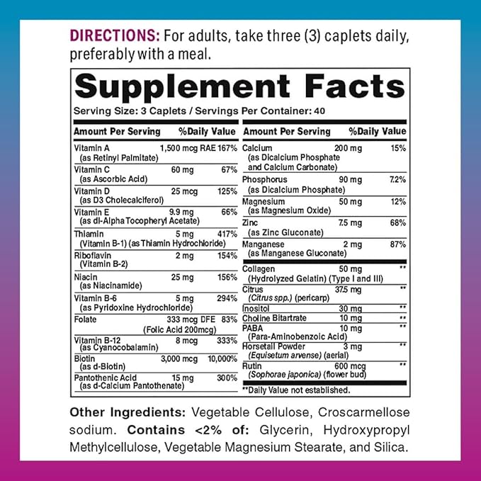 Vitamin World Hair Skin and Nails Formula 120 caplets Biotin B-7 Vitamin Healthy Hair Skin Nails Type I and III Collagen Coated Gluten Free