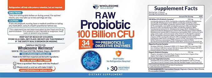 Wholesome Wellness Organic Raw Probiotics 100 Billion CFU Dr Formulated for Women and Men Complete Adult Supplement with Prebiotics and Digestive Enzymes 30 Capsules Shelf Stable