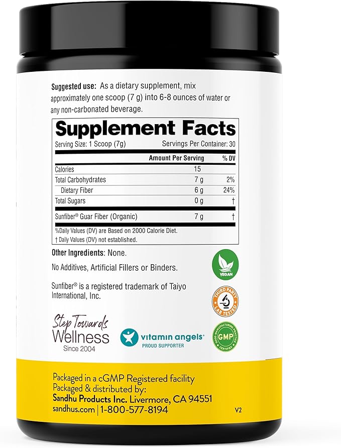 Sandhu's Prebiotic Fiber Supplement Powder –30 Servings- SunFiber® –Low FODMAP Unflavored Supplement for Digestive &amp Colon Health –- Gluten Free Powder – Supports Gut Health in Men &amp Women