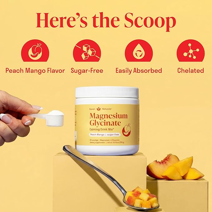 Magnesium Glycinate Powder + L-Theanine | 60 Servings | 300 mg per Scoop High Absorption Chelated Magnesium Powder for Sleep - Peach Mango Flavor No Sugar Support Restful Sleep &amp Relaxation