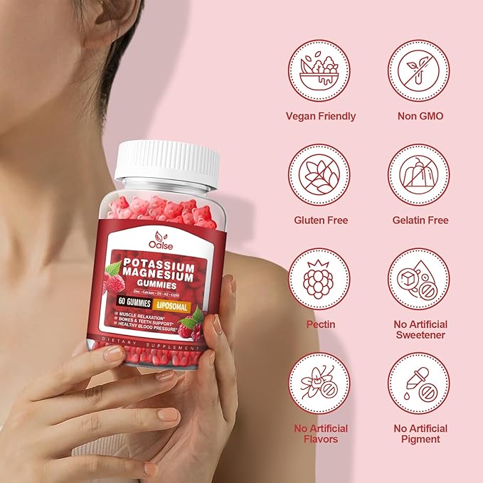 (2 Pack) Potassium Magnesium Gummies for Adults Kids High Absorption Potassium Citrate 200mg Magnesium Glycinate 400mg Chewable Gummy Supplements for Leg Cramps &amp Muscle Raspberry