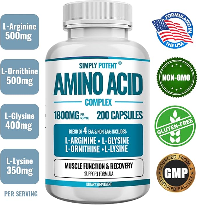 Simply Potent Amino Acid Complex 1800mg 200 Capsules Blend of 4 Essential and Non Essential Amino Acids Includes L-Arginine 550mg L-Ornithine 500mg L-Glysine 400mg &amp L-Lysine 350mg for Muscle