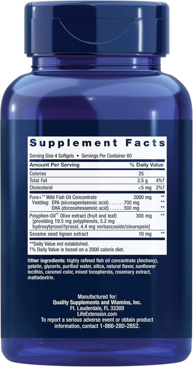 Life Extension Super Omega-3 EPA/DHA Fish Oil Sesame Lignans &amp Olive Extract – Heart Brain Inflammation Health Support Gluten-Free Easy to Swallow Non-GMO 240 Softgels (Pack of 2)
