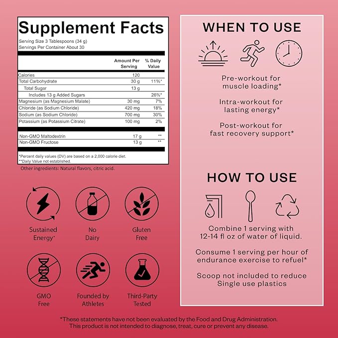 Salty Carbs Electrolyte Drink Mix 30g Dual-Action Carbs + 700mg Sodium Endurance Fuel for Runs Rides and Races Gluten-Free Dairy-Free Non-GMO (30 Servings Raspberry Lemonade)