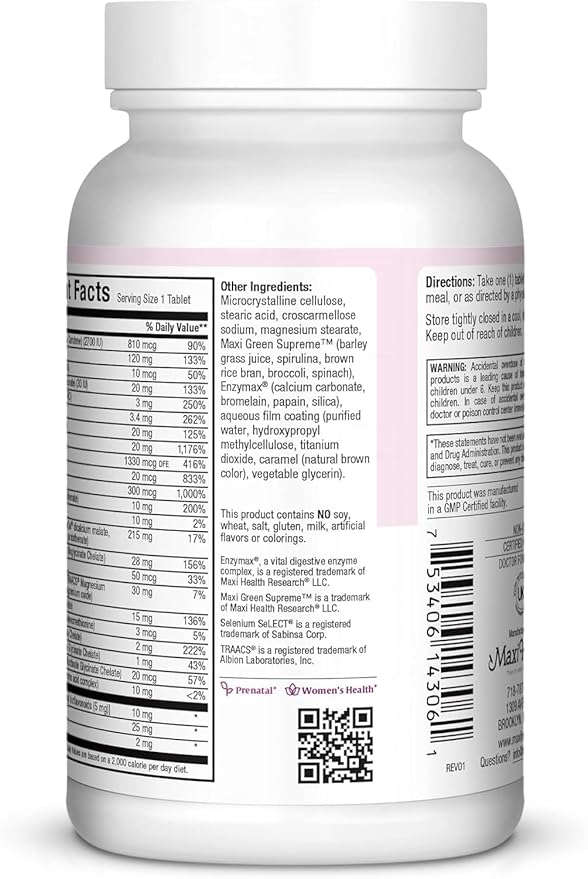 Maxi Health Prenatal Vitamins for Women – One Daily Prenatal Vitamins with Iron Folate Choline Vitamin D3 and Essential Nutrients – High Absorption prenatals Supplement – 60 Day Supply