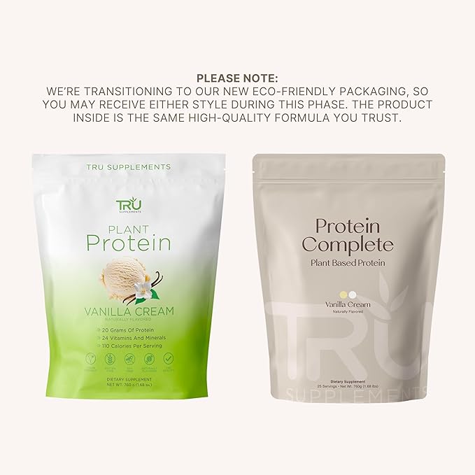 TRU Supplements Plant Based Protein Powder BCAA EAA 20g Vegan Brown Rice &amp Pea Protein 100 Calories 27 Vitamins No Artificial Flavors 25 Servings (Vanilla Cream)