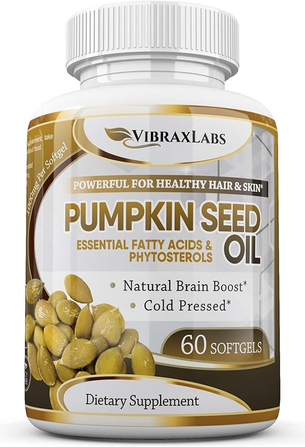 vibraxlabs Pumpkin Seed Oil - 100% Cold Pressed Pure 1000mg Extraction - Best for Hair Growth Younger Looking Skin &amp Face Bladder Control Supplement 60 Softgels