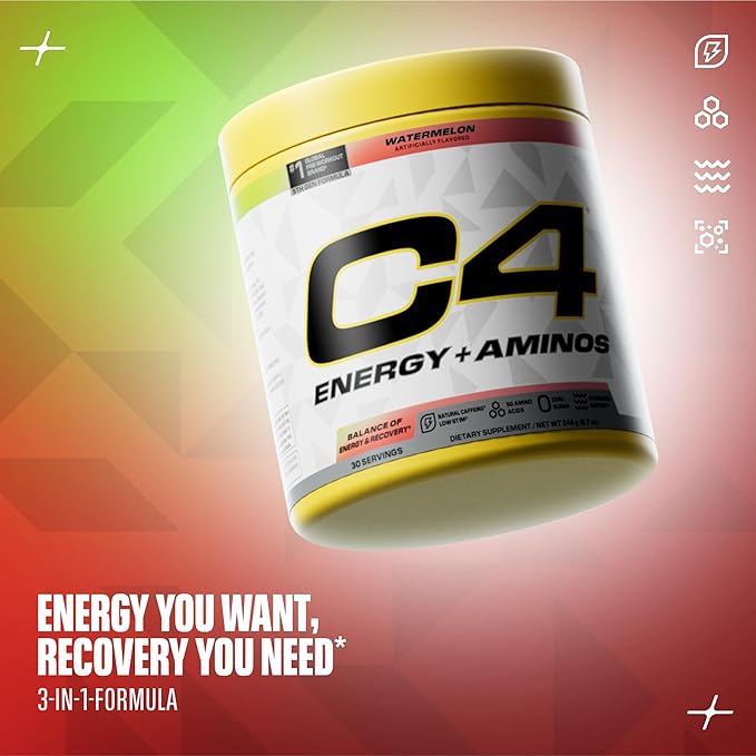 Cellucor C4 Energy + Aminos Powder 5g BCAAs &amp EAAs for Muscle Recovery 3 Electrolytes for Hydration 100mg Natural Caffeine Pre Workout Zero Sugar 30 Servings Watermelon