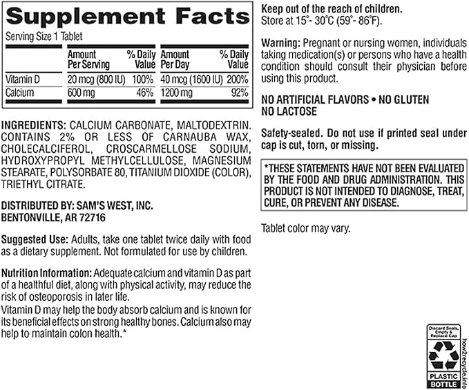Members Mark Calcium with Vitamin D3 Tablets 600 ct. - Supports Bone &amp Muscle Health - High Potency Calcium 1200 mg &amp Vitamin D3 40 mcg