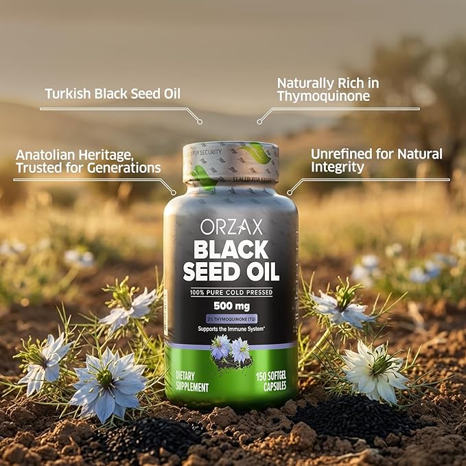 ORZAX Black Seed Oil Cold Pressed 100% Pure | Non-GMO – Rich in Omega 3 6 9 &amp Thymoquinone | Black Cumin Nigella Sativa Oil for Immune Support Hair Skin Face (150 Softgel Capsules)