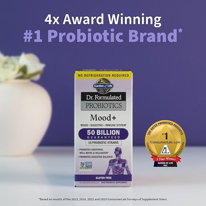 Garden of Life Dr. Formulated Probiotics Mood+ Acidophilus Probiotic Supplement - Promotes Emotional Well-Being &amp Dr. Formulated Probiotics Organic Kids+ Plus Vitamin C &amp D - Berry Cherry - Gl
